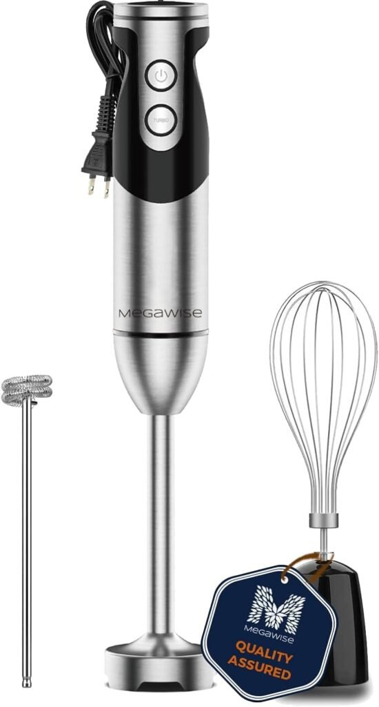 MegaWise Pro Titanium Reinforced 3-in-1 Immersion Hand Blender, Powerful Copper Motor with 80% Sharper Blades, 12-Speed Corded Blender, Including Dish Washer Safe Whisk and Milk Frother