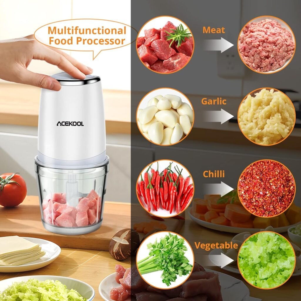 Mini Food Processor with 2.5 Cup Glass Bowl, Acekool Small Electric Food Chopper for Vegetables Meat Fruits Nuts Puree - 300W 2 Speed Kitchen Food Processor With Sharp Blades