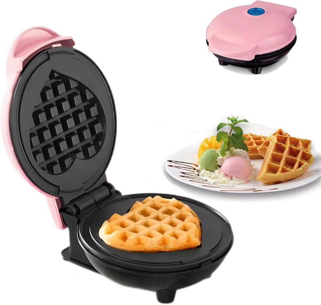 Mini Maker Waffle Maker 5“ Non-Stick Waffler Iron Stuffler Stuffed Wafflera Adjustable Browning Control, Heart, Pink