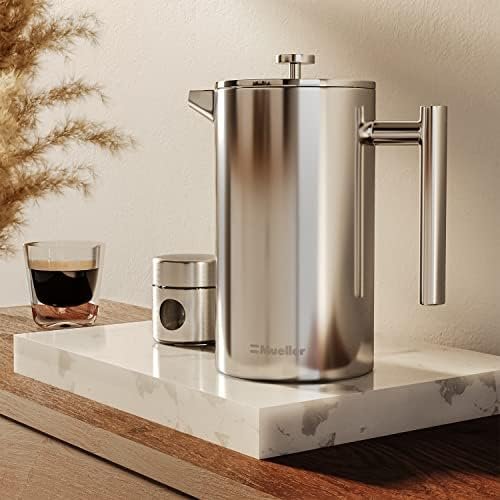 MuellerLiving French Press Coffee Maker, 34 oz, Stainless Steel, 4 Filters, Double Insulated, Rust-Free, Dishwasher Safe