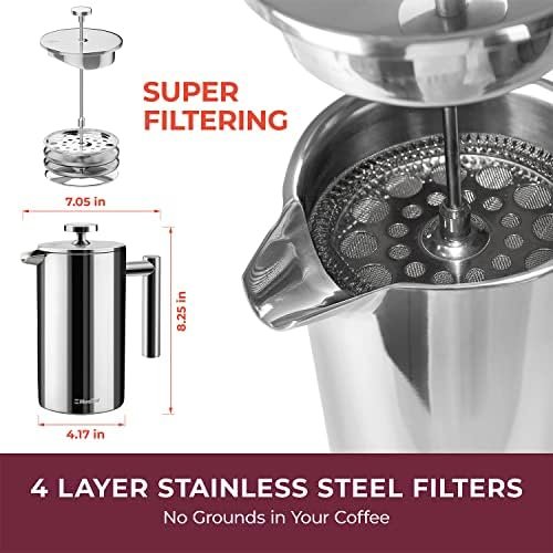 MuellerLiving French Press Coffee Maker, 34 oz, Stainless Steel, 4 Filters, Double Insulated, Rust-Free, Dishwasher Safe