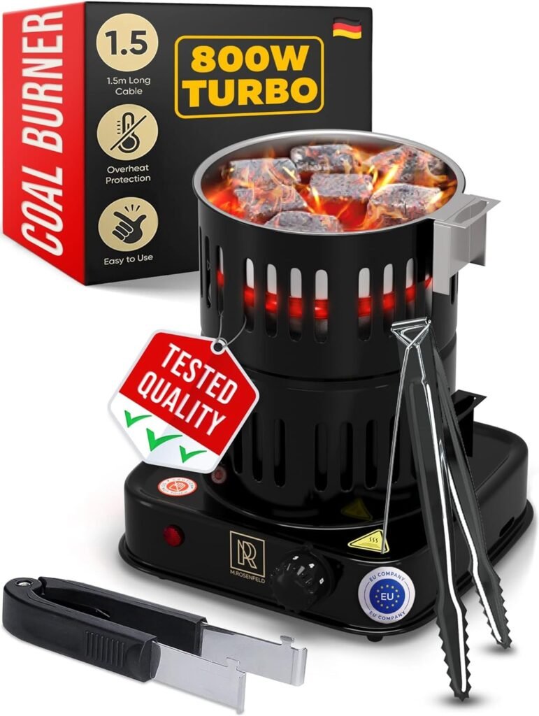 Multipurpose Electric Charcoal Starter - 800W Electric Charcoal Burner UL  STS Approved Electric Stove - Coconut Charcoal Lighters with Tongs - Hot Plate Electric - 304 Stainless Steel Coiled Burner