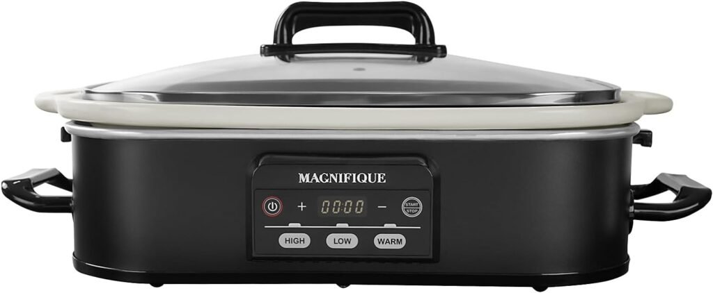 [NEW] MAGNIFIQUE 4-Quart Oven-Safe Casserole Slow Cooker with Digital Warm Setting - Perfect Kitchen Appliance for Family Dinners, Baking and Dishwasher Safe Crock, Black with White Ceramic Bakeware