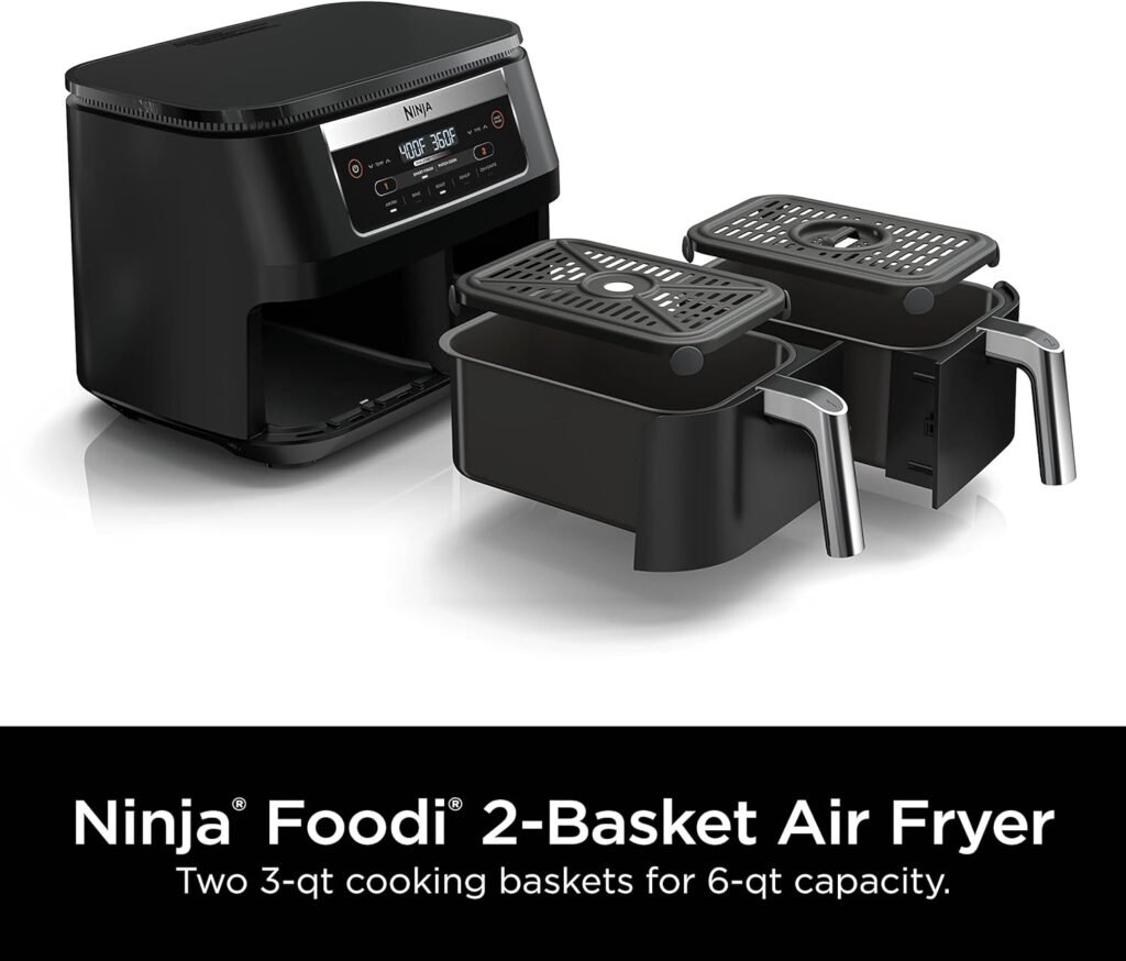 Ninja DZ090 Foodi 6 Quart 5-in-1 DualZone 2-Basket Air Fryer with 2 Independent Frying Baskets, Match Cook  Smart Finish to Roast, Bake, Dehydrate  More for Quick Snacks  Small Meals, Black