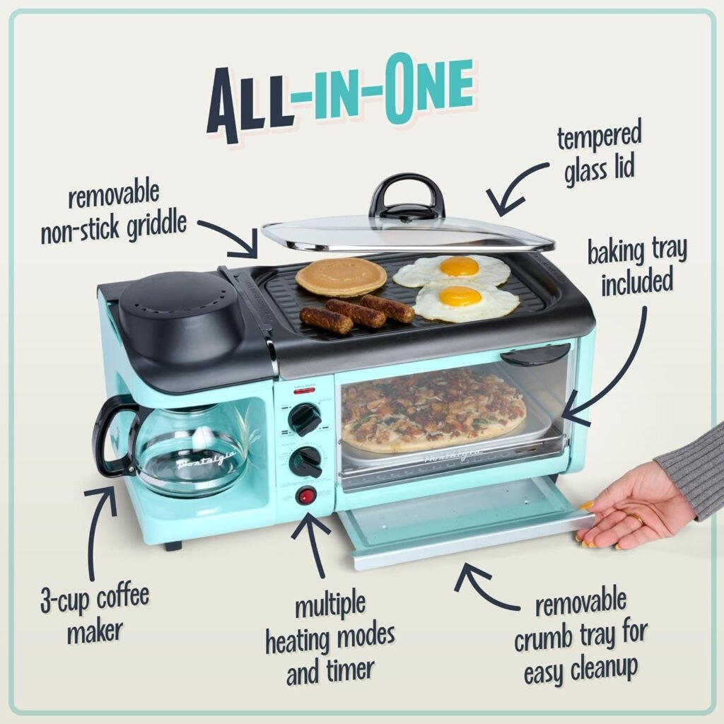 Nostalgia 3-in-1 Breakfast Station - Includes Coffee Maker, Non-Stick Griddle, and 4-Slice Toaster Oven - Versatile Breakfast Maker with Timer - Red