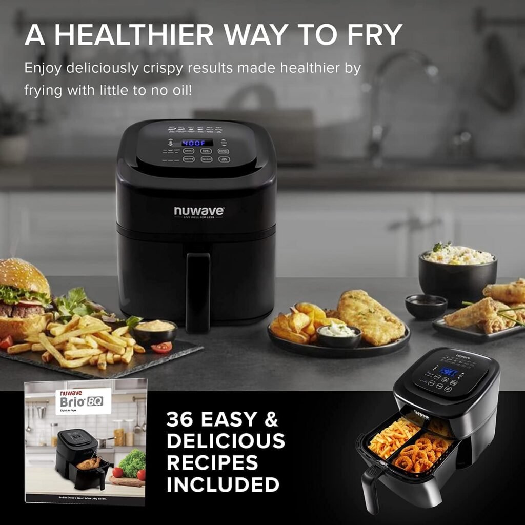 Nuwave Brio Air Fryer Oven, 15.5Qt X-Large Family Size, SS Rotisserie Basket Skewer-Kit, Reversible Ultra Non-Stick Grill/Griddle Plate, Powerful 1800W, Integrated Smart Thermometer,Black