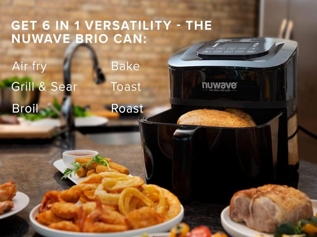 Nuwave Brio Air Fryer Oven, 15.5Qt X-Large Family Size, SS Rotisserie Basket Skewer-Kit, Reversible Ultra Non-Stick Grill/Griddle Plate, Powerful 1800W, Integrated Smart Thermometer,Black