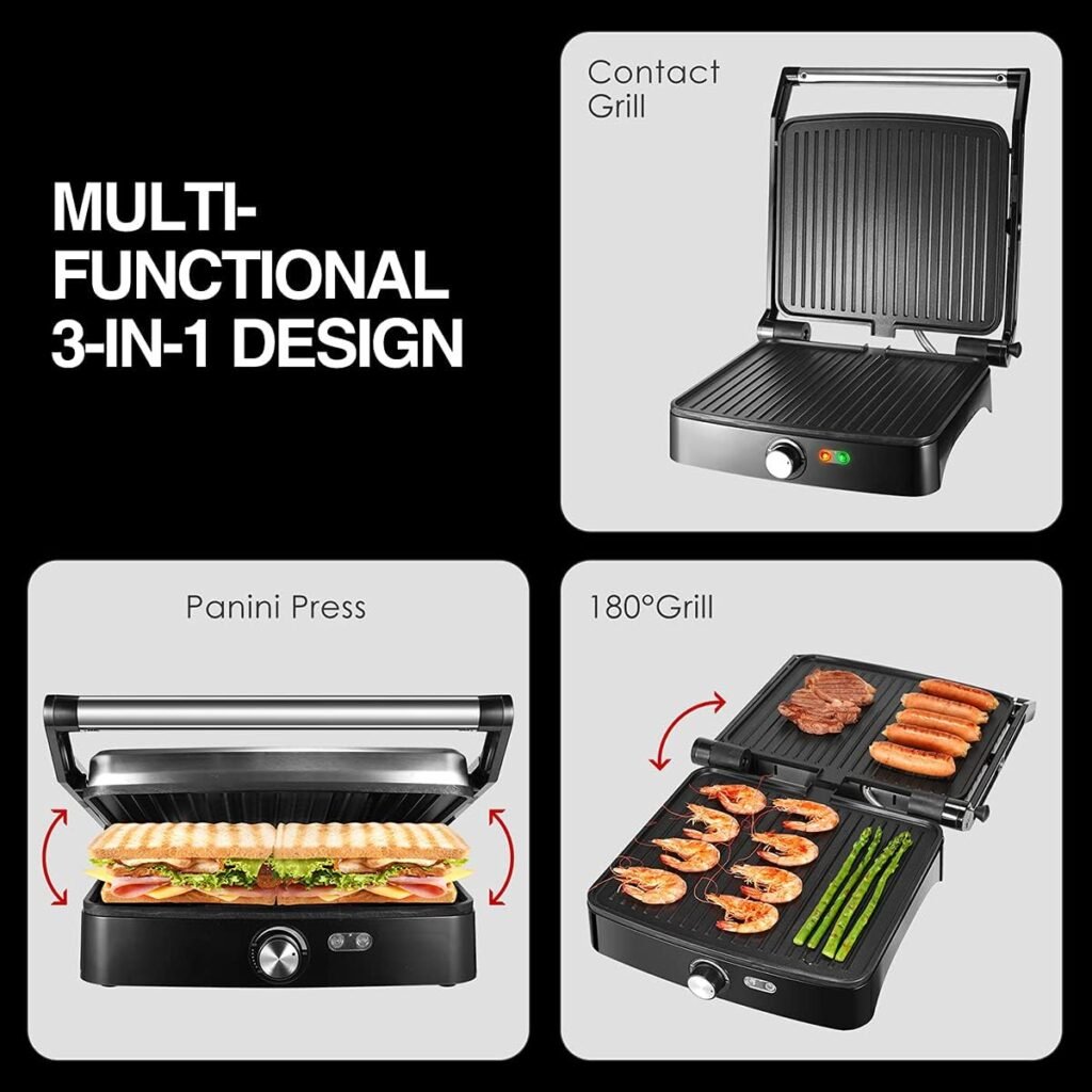 OSTBA Panini Press Grill Indoor Sandwich Maker with Temperature Setting, 4 Slice Large Non-stick Versatile Grill, Opens 180 Degrees to Fit Any Type or Size of Food, Removable Drip Tray, 1200W