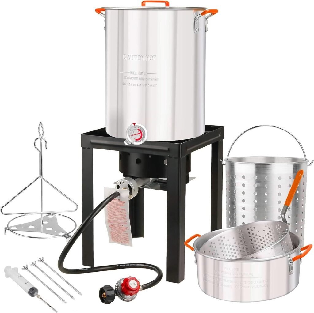 Outdoor Turkey Deep Fryer Set Seafood Boiler Kit Fish Fryer with Crawfish Boil Pot Basket 55000 BTU Untimed Gas Burner Heavy Duty Steel Frame 30  10 Quart Aluminum Stock Pot  Basket Lid