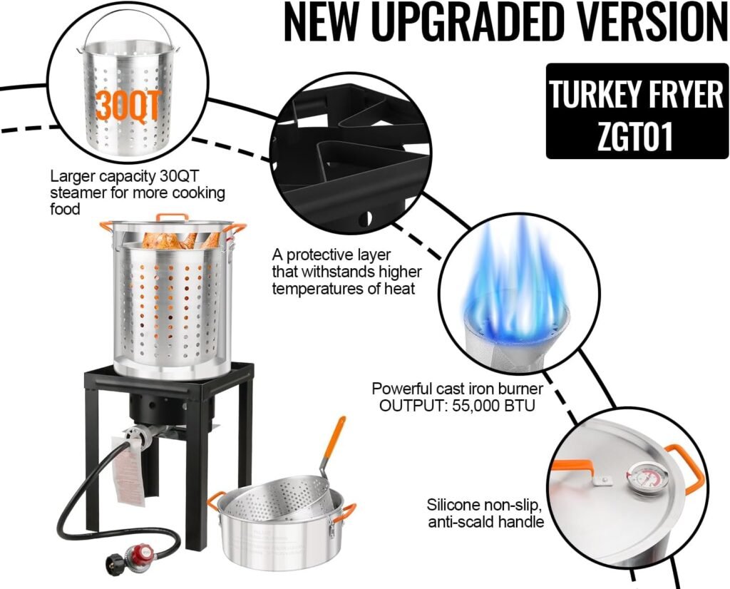 Outdoor Turkey Deep Fryer Set Seafood Boiler Kit Fish Fryer with Crawfish Boil Pot Basket 55000 BTU Untimed Gas Burner Heavy Duty Steel Frame 30  10 Quart Aluminum Stock Pot  Basket Lid