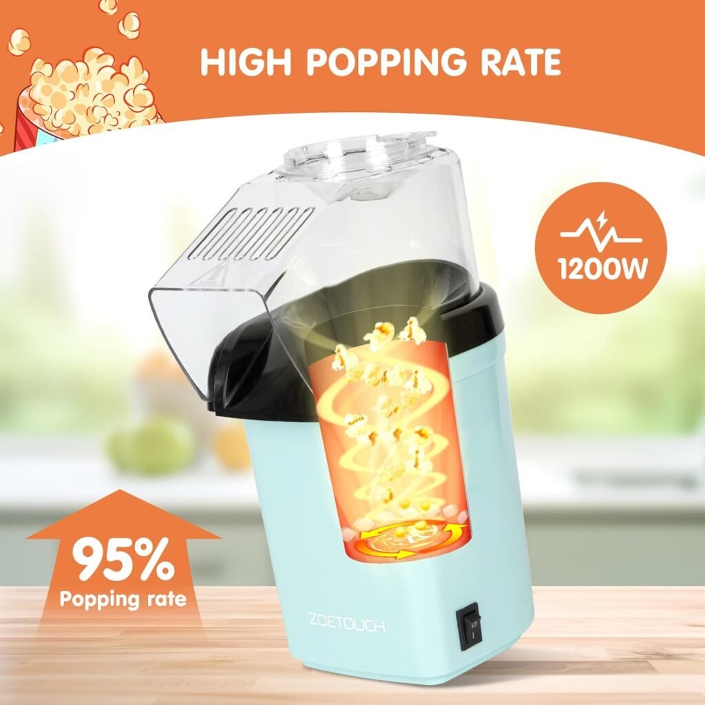 Popcorn Popper Machine 1200W Electric Hot Air Popcorn Maker with Measuring Cup  Butter Melting Tray, High Popping Rate, 2 Min Fast Making Popcorn Healthy Oil Free for Home Kids Movie Night