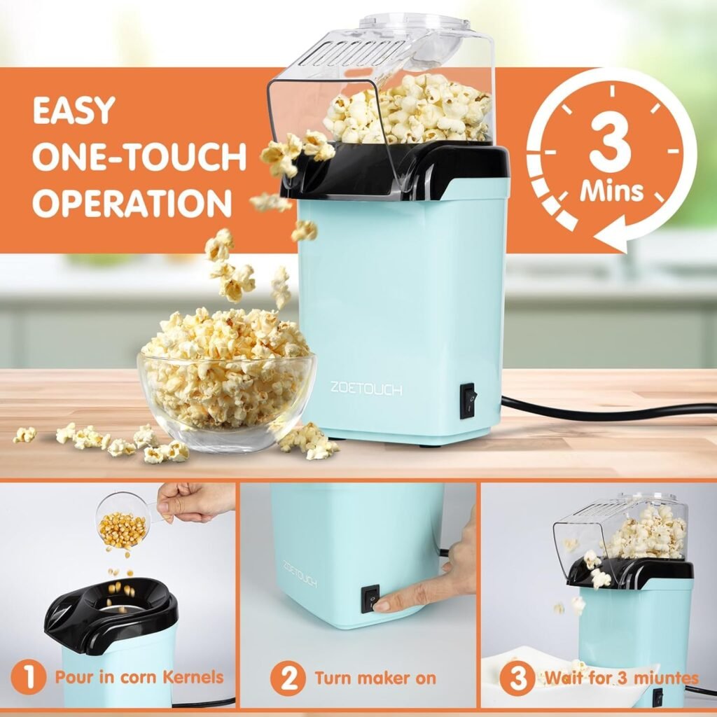 Popcorn Popper Machine 1200W Electric Hot Air Popcorn Maker with Measuring Cup  Butter Melting Tray, High Popping Rate, 2 Min Fast Making Popcorn Healthy Oil Free for Home Kids Movie Night