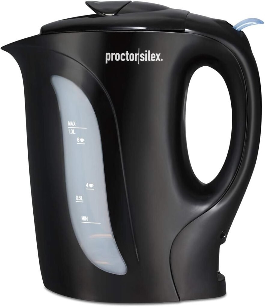 Proctor Silex Electric Tea Kettle, Water Boiler  Heater Auto-Shutoff  Boil-Dry Protection, 1000 Watts for Fast Boiling, 1 Liter, White