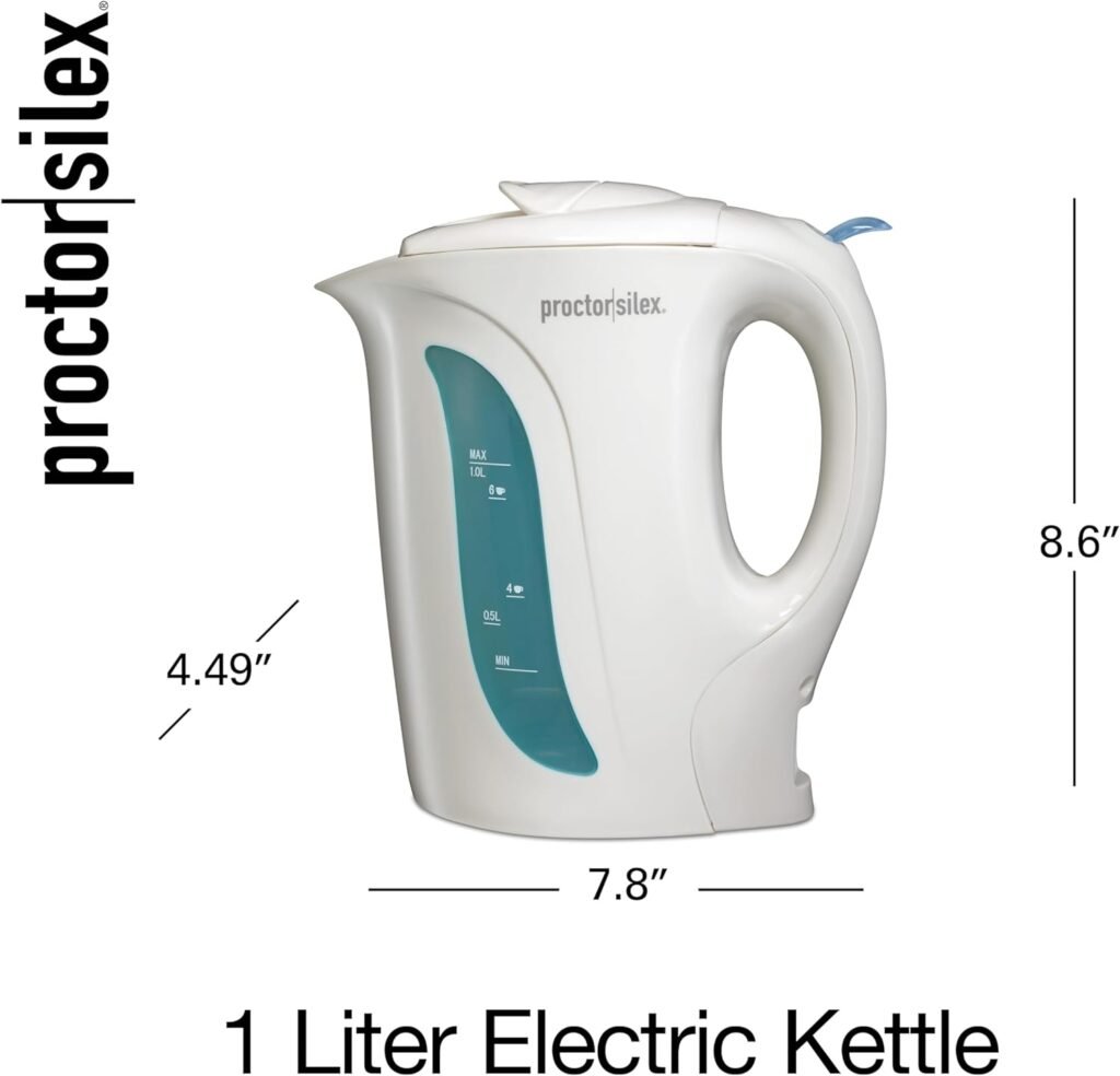 Proctor Silex Electric Tea Kettle, Water Boiler  Heater Auto-Shutoff  Boil-Dry Protection, 1000 Watts for Fast Boiling, 1 Liter, White