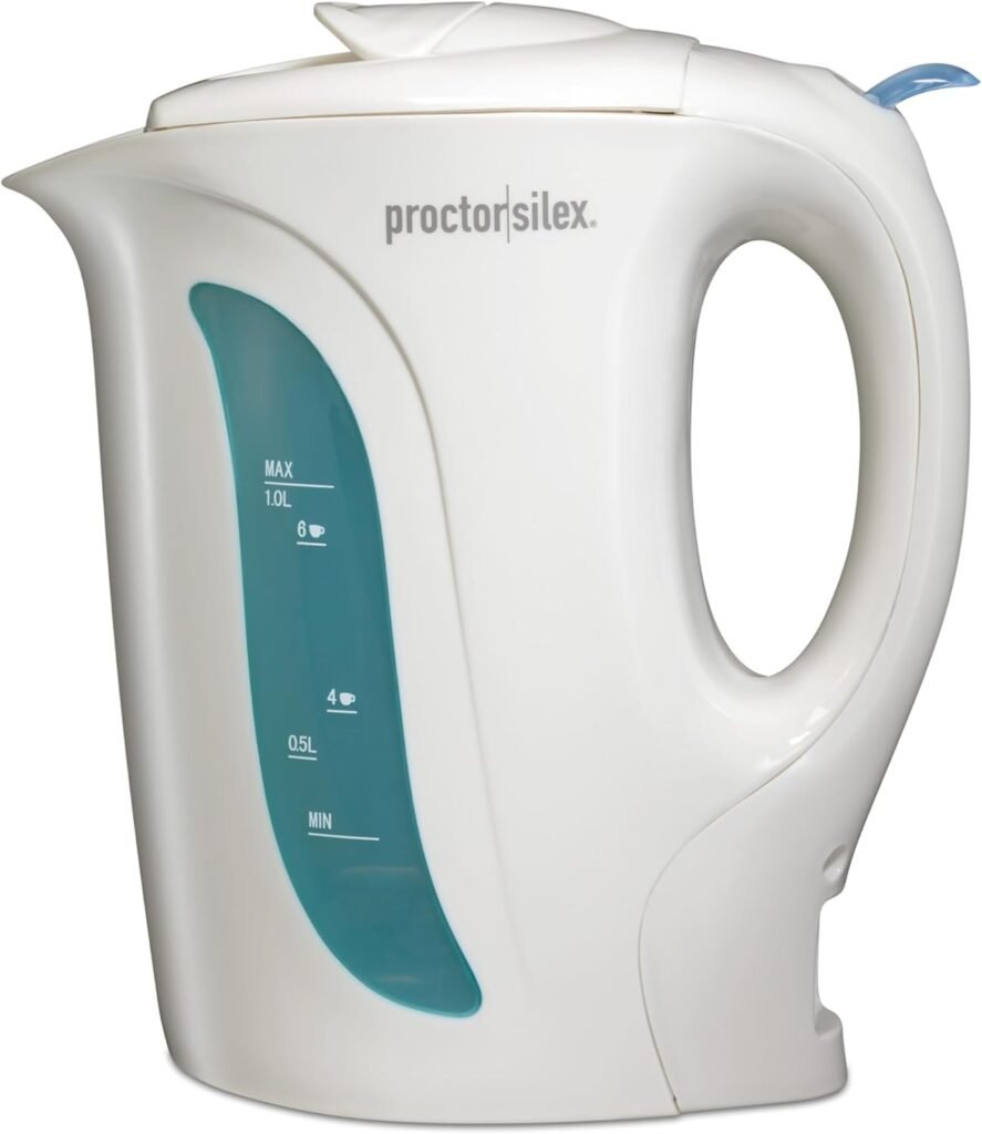 Proctor Silex Electric Tea Kettle, Water Boiler  Heater Auto-Shutoff  Boil-Dry Protection, 1000 Watts for Fast Boiling, 1 Liter, White