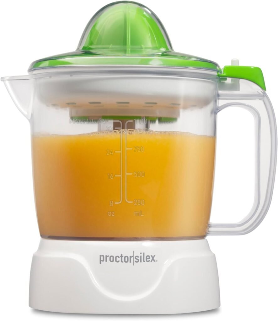 Proctor Silex Juicer Electric Citrus Juicer Machine, 34 oz., for Orange, Lemon, Grapefruit Juice, White and Green (66340)