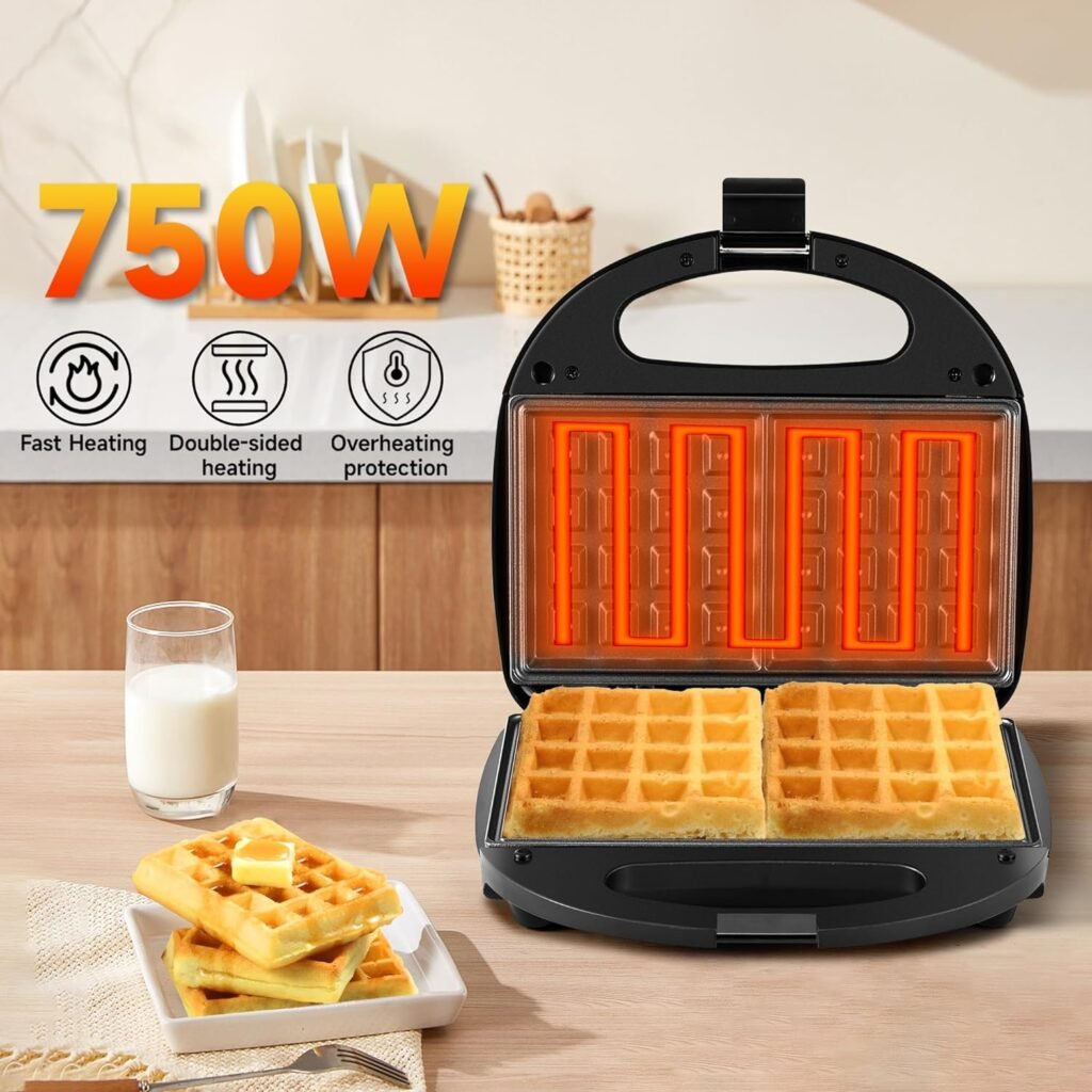 Pukomc Waffle Maker, 2-Slice Waffle Iron with Nonstick Plates, Easy To Clean, 750W Fast Heating, Compact Design, Cool Touch Handle, Black