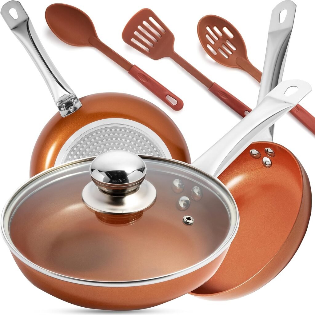 Razab Copper Frying Pan Set with Lids, 8, 9.5  11 Frying Pan Set, Nonstick Skillets