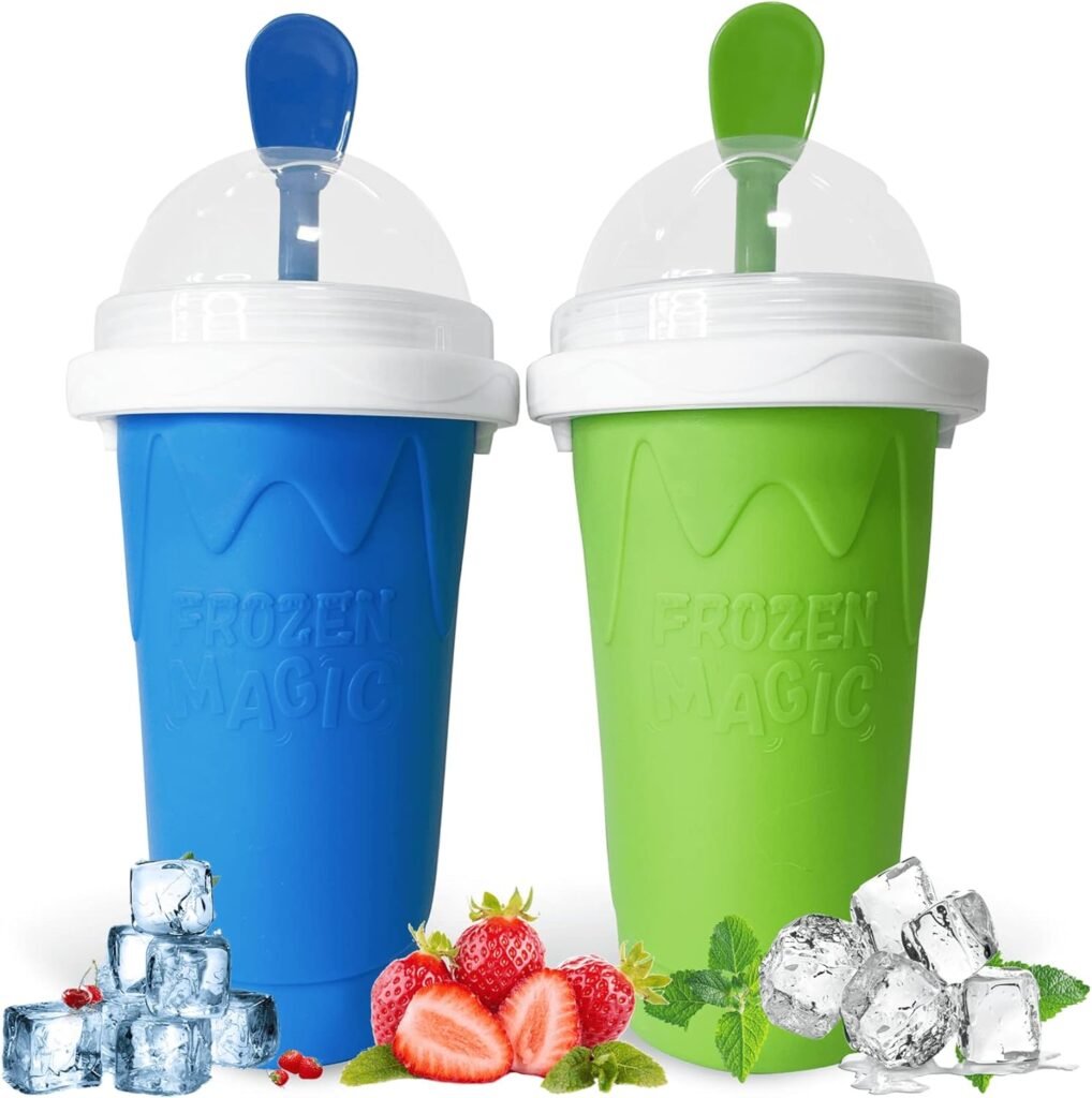 REGNBUE 2 Pcs Slushie Maker Cup, Magic Quick Frozen Smoothies Cup Double Layer Squeeze Cup Homemade Milk Shake Ice Cream Maker Cooling Cup DIY for Family (Blue+Green)