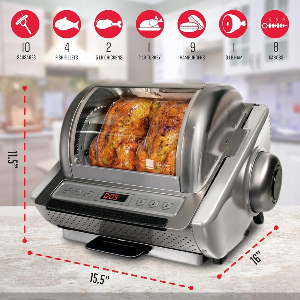 Ronco EZ-Store Rotisserie Oven,Gourmet Cooking at Home,Cooks Perfectly Roasted Chickens,Turkey,Pork,Roasts  Burgers,Large Capacity,3 Cooking Options:Roast,Sear, No Heat Rotation,Stainless,ST5250STAIN