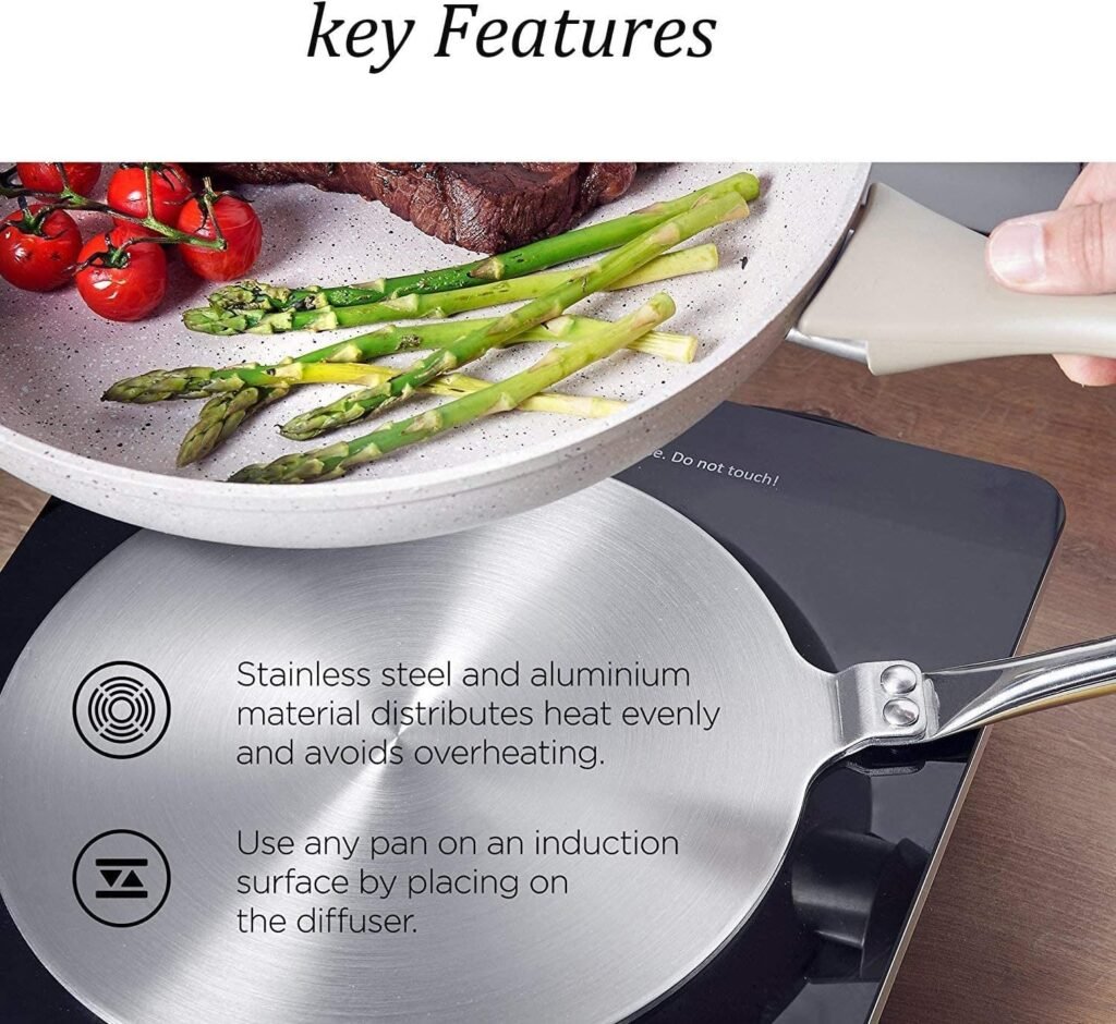 RUNZI 9.45inch Heat Diffuser Stainless Steel Induction Diffuser Plate for Electric Gas Stove Glass Induction Cooktop Heat Diffuser WITH removable handle 24CM