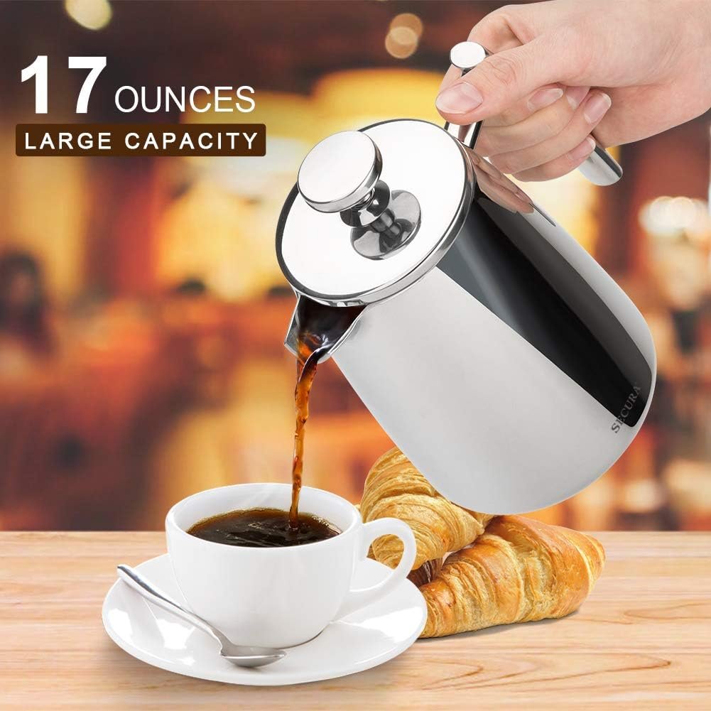 Secura French Press Coffee Maker, 50-Ounce, 18/10 Stainless Steel Insulated Coffee Press with Extra Screen