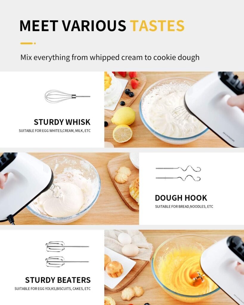 SHARDOR Hand Mixer Electric, 6 Speed  Turbo Handheld Mixer with 5 Stainless Steel Accessories, Electic Mixer for Whipping, Mixing Cookies, Brownie, Cakes, Dough Batters, Snap-On Storage Case, White