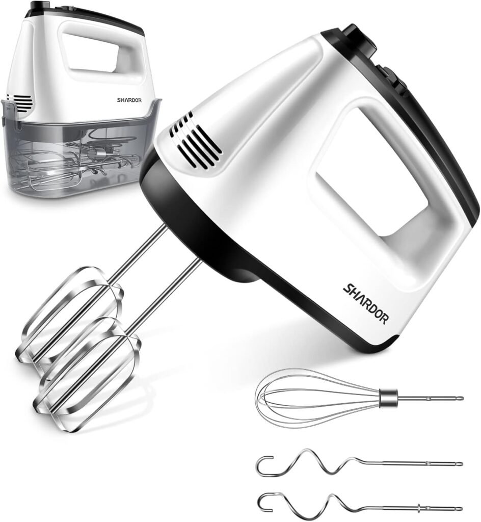 SHARDOR Hand Mixer Electric, 6 Speed  Turbo Handheld Mixer with 5 Stainless Steel Accessories, Electic Mixer for Whipping, Mixing Cookies, Brownie, Cakes, Dough Batters, Snap-On Storage Case, White