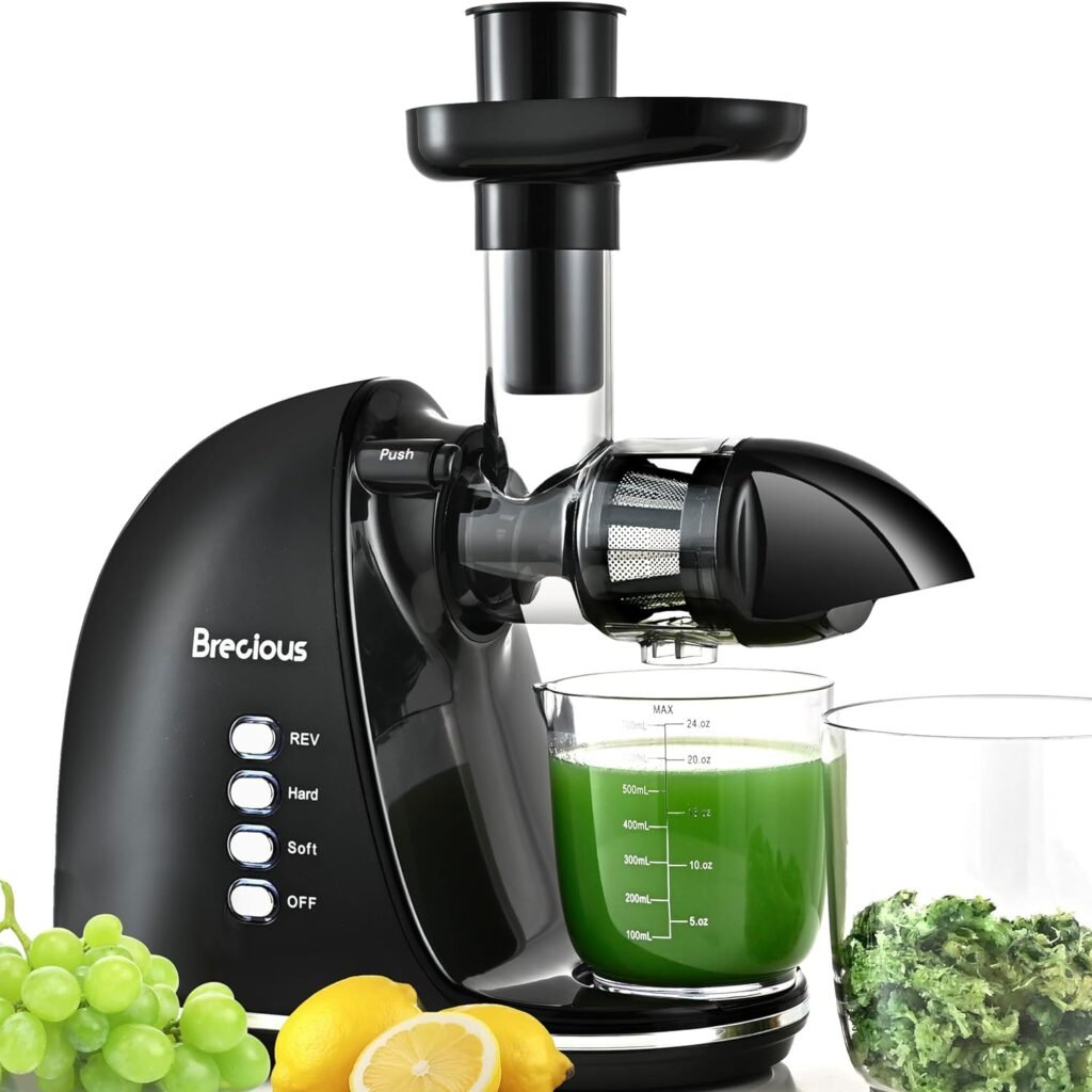 Slow Masticating Juicer,Brecious Cold Press Juicer with 2 Speed Modes  Quiet Motor,Juicer Machines Vegetable and Fruit with Reverse Function,Celery Juicer,BPA-Free,Easy to Clean (Black)