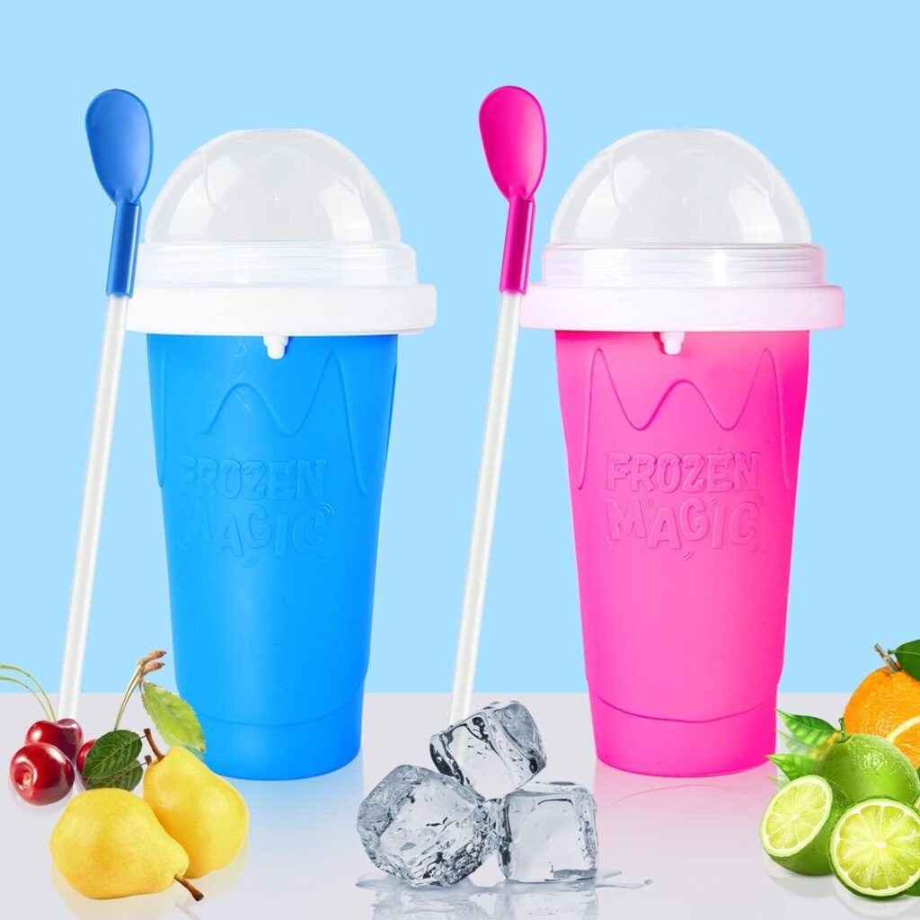 Slushy Cup Slushie Cups,Slushie Machine Slushy Maker Cup,Slushie Cup Maker Squeeze Slushy Machines,Frozen Magic Slushy Cup 2 Pack, Ice Cream Maker Cool Stuff for Juices and Drinks (BLUE+PINK)