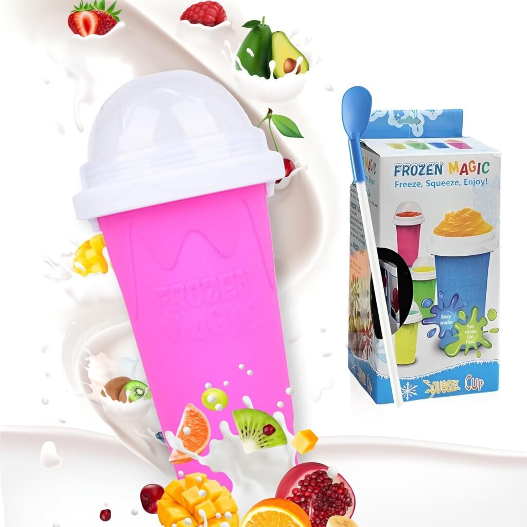 Slushy Maker Cup, Quick Frozen Magic Smoothie Cup for Ice Cream Make your Day Cool, Portable Squeeze Ice Cup, Slushie Cup with Spoon and Straw, Frozen crunch cup