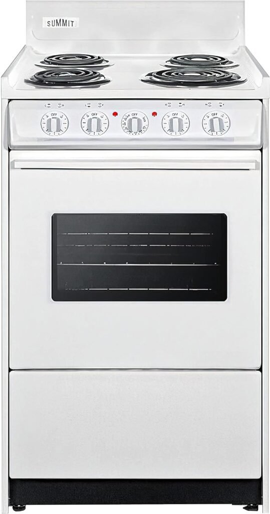 Summit Appliance WEM110W 20 Wide Electric Coil Top Range in White with Oven Window, 220 Volts 60 Hz, Lower Storage Compartment, Interior Light, Chrome Drip Pans, Oven Racks, Recessed Oven Door