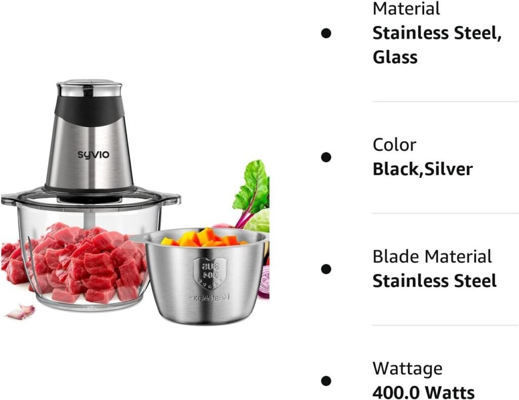 Syvio Food Processors with 2 Bowls, Meat Grinder 4 Bi-Level Blades, Mini Electric Food Chopper 400W, for Baby Food, Meat, Onion, Vegetables, 2 Speed, 8 Cup and 5 Cup