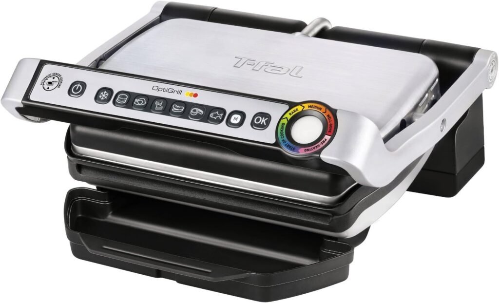 T-fal OptiGrill Stainless Steel Electric Grill 4 Servings 6 Automatic Cooking Modes, Intelligent grilling rare to well-done 1800 Watts Nonstick Removable Plates, Dishwasher Safe, Indoor, Silver