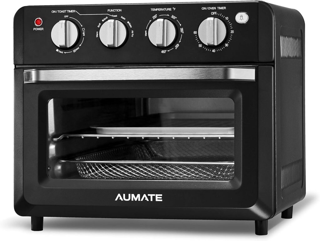 Toaster Oven Air Fryer Combo 19-Quart, AUMATE Kitchen in the box 7 in 1 Convection Toaster Oven Countertop, Oilless Air Fryer Oven, Includes Baking Pan, Oven Rack, Fry Basket, Crumb Tray, 1550W, Black