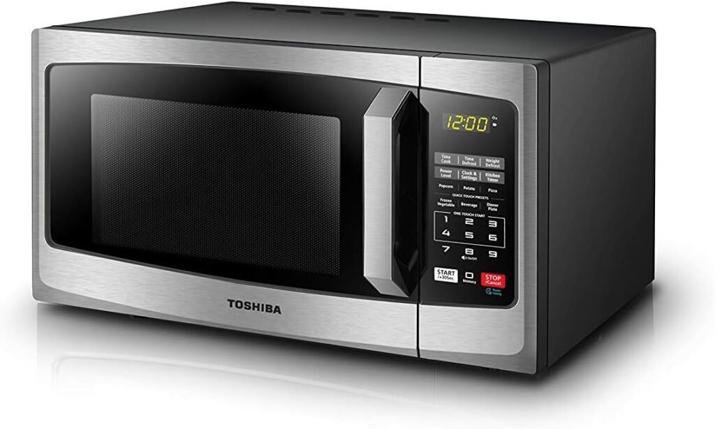 TOSHIBA EM925A5A-SS Countertop Microwave Oven, 0.9 Cu Ft With 10.6 Inch Removable Turntable, 900W, 6 Auto Menus, Mute Function  ECO Mode, Child Lock, LED Lighting, Stainless Steel