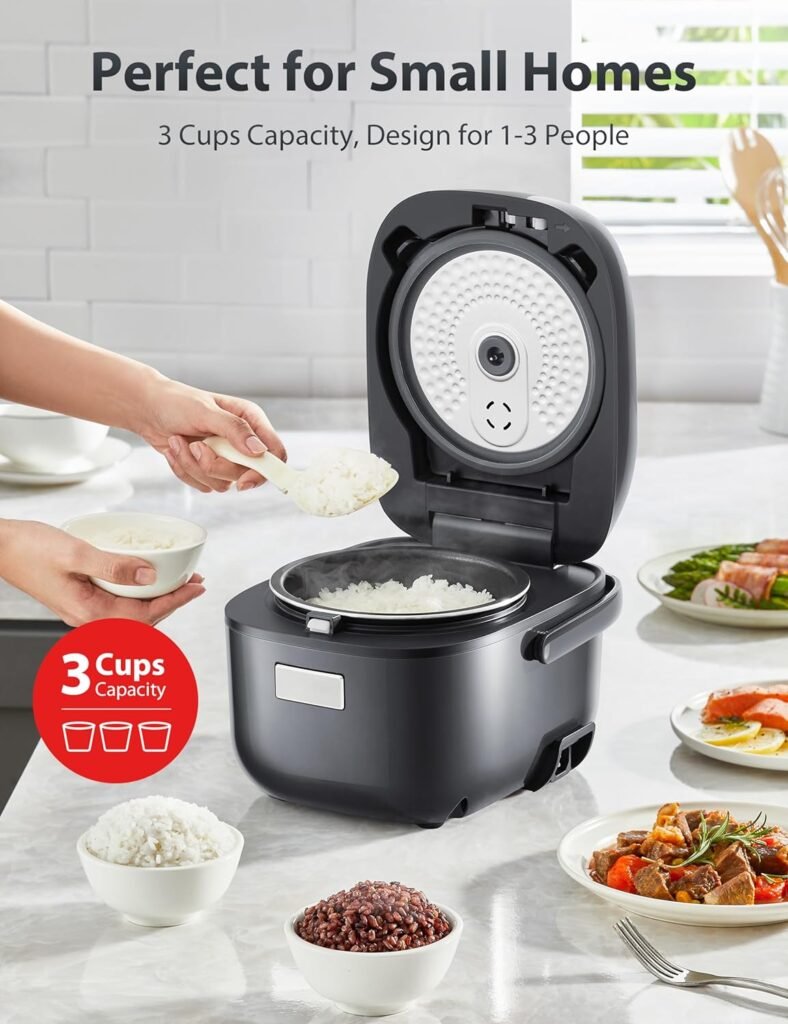 TOSHIBA Rice Cooker Small 3-Cup Uncooked– LCD Display with 8 Cooking Functions: Rice, Oatmeal, Mixed Grains and More, NonStick Inner Pot, Grey