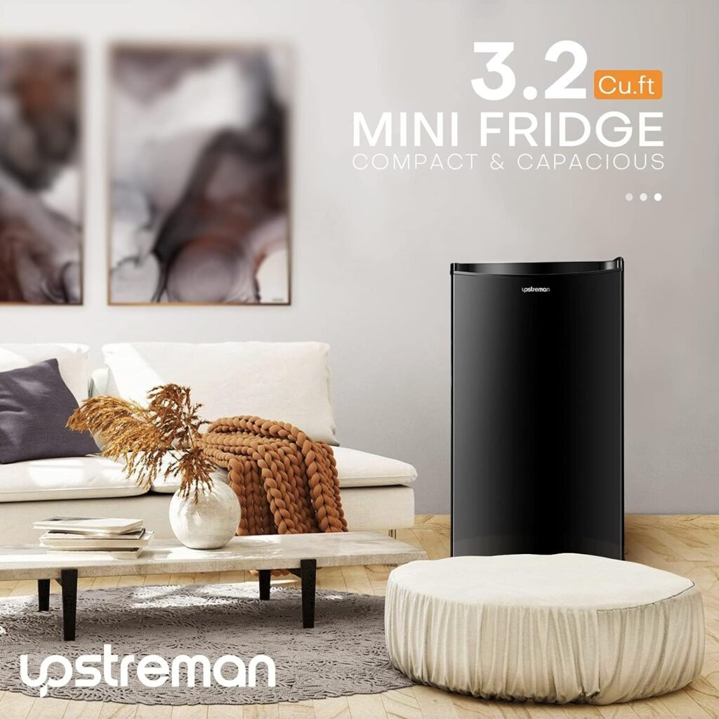 Upstreman 3.2 Cu.Ft Mini Fridge with Freezer, Single Door, Adjustable Thermostat, Refrigerator for Dorm, Office, Bedroom, Black-BR321