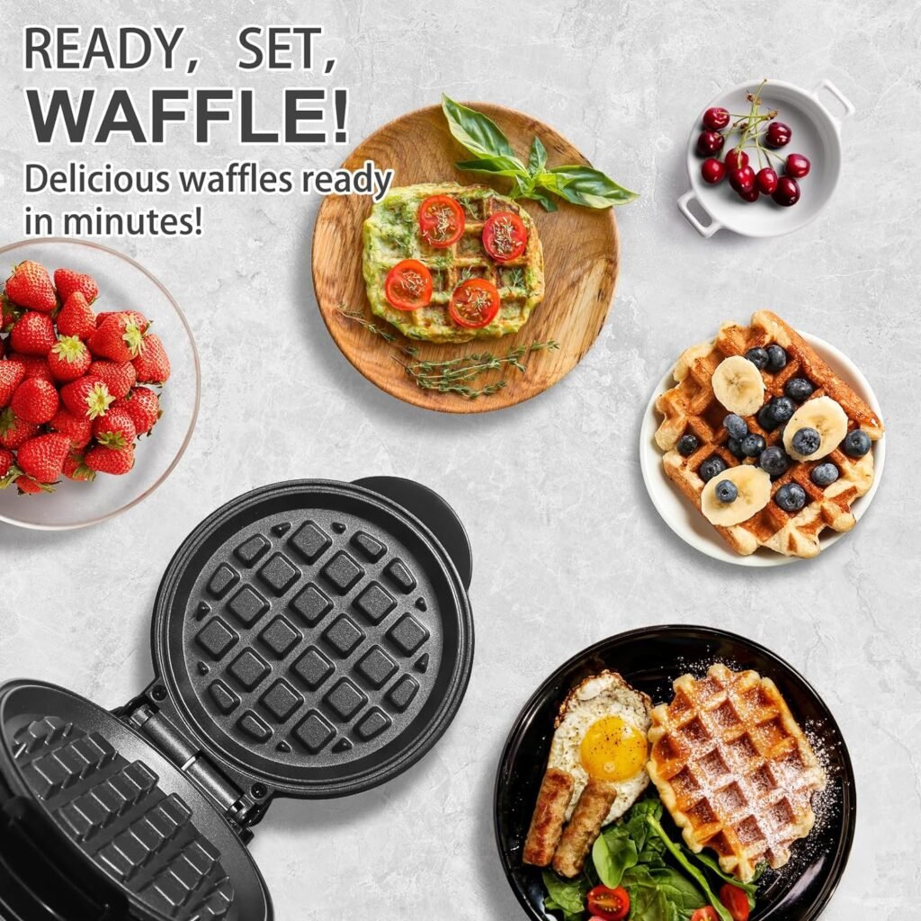 UVFAST Mini Waffle Maker, Small Waffle Irons Non-stick, Breakfast Belgian Waffles, Mini Waffle Iron Make Waffles in Minutes, Portable Pancake Maker Machine for Kid, Easy to Clean, 5 Inches Wide, Black