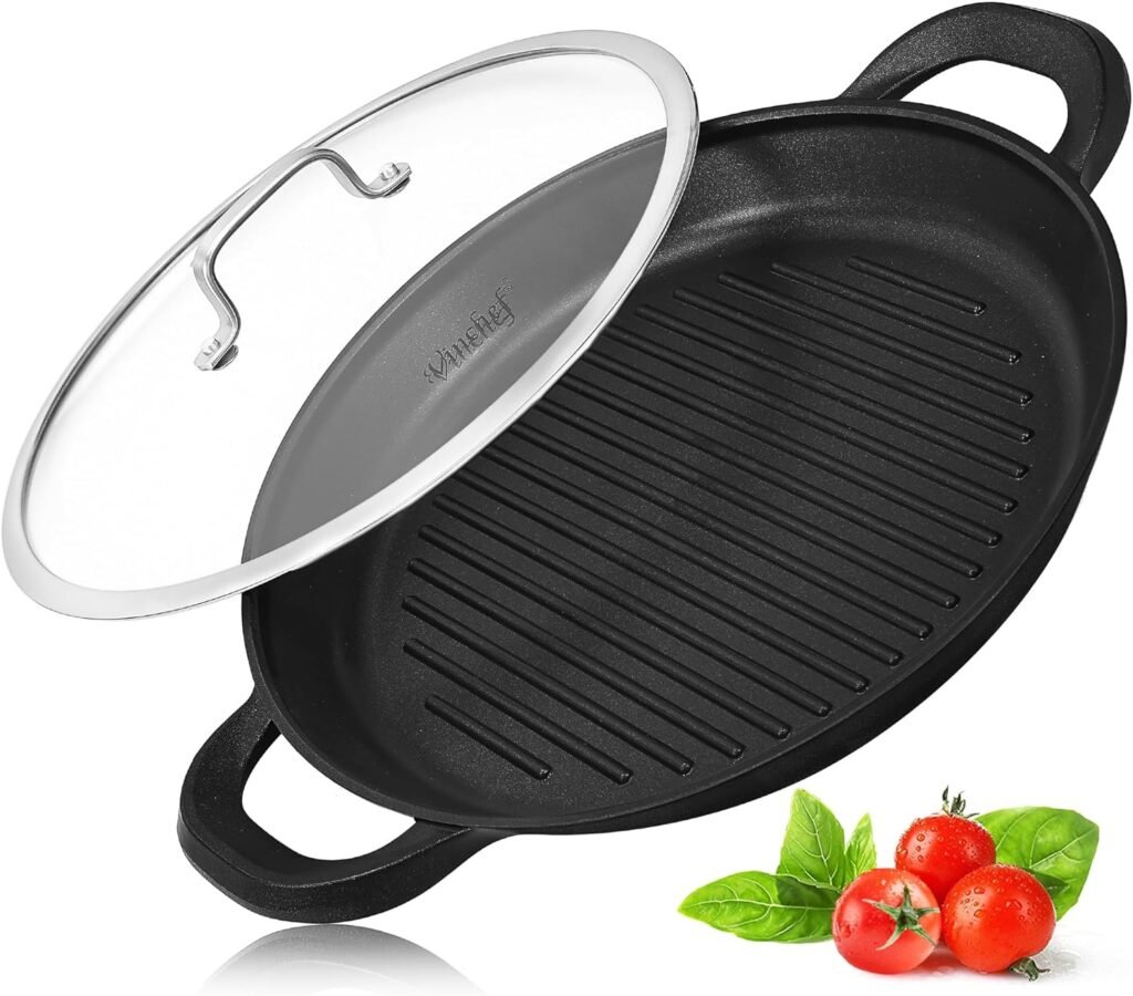 Vinchef Nonstick Grill Pan for Stove tops | 13.0 Skillet, Indoor Induction Cast-aluminum Grill Pan with Lid and Anti-Scalding Tools, GRANITEC Nonstick Coating, Dishwasher  Oven Safe