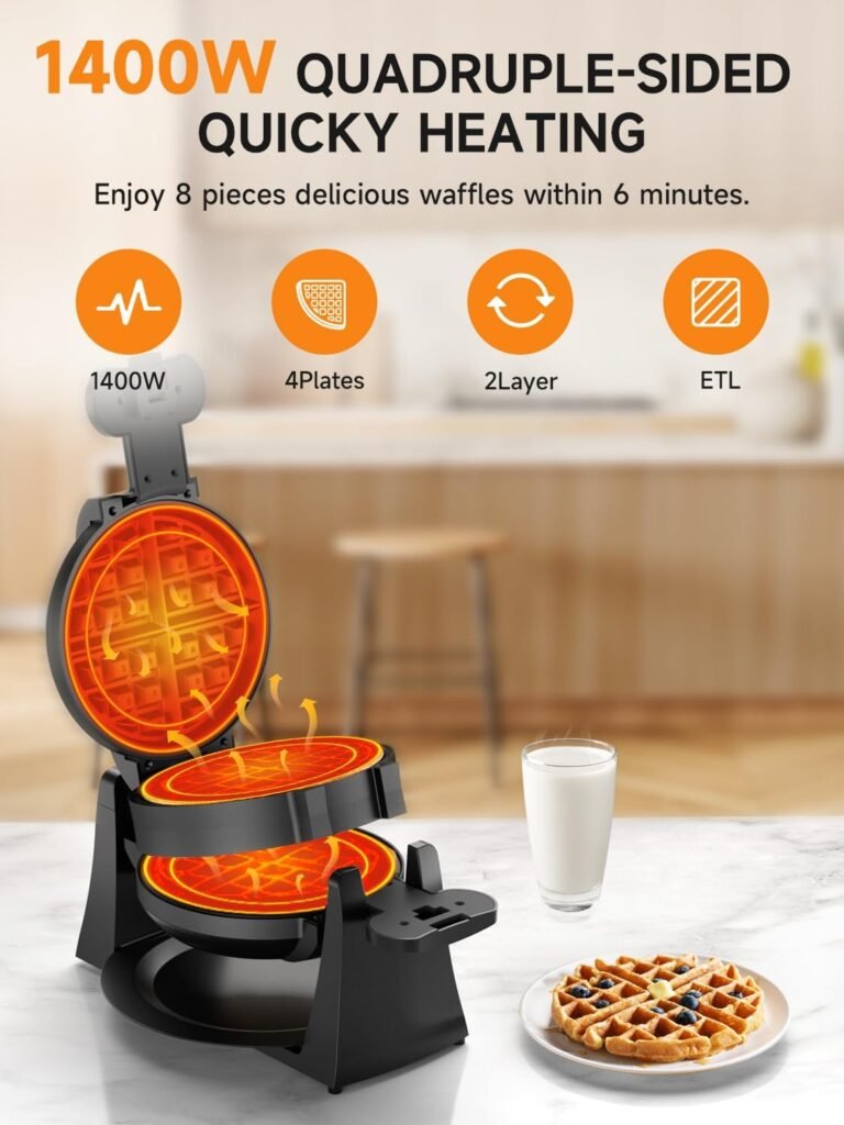 Waffle Maker, 1400W Double Belgian Waffle Iron 180° Flip, 8 Slices, Rotating  Nonstick Plates, Removable Drip Tray for Easy Cleaning, Cool Touch Handles, Space Saving Storage, Black