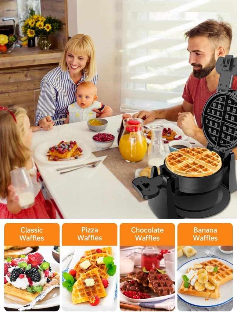 Waffle Maker, 1400W Double Belgian Waffle Iron 180° Flip, 8 Slices, Rotating  Nonstick Plates, Removable Drip Tray for Easy Cleaning, Cool Touch Handles, Space Saving Storage, Black