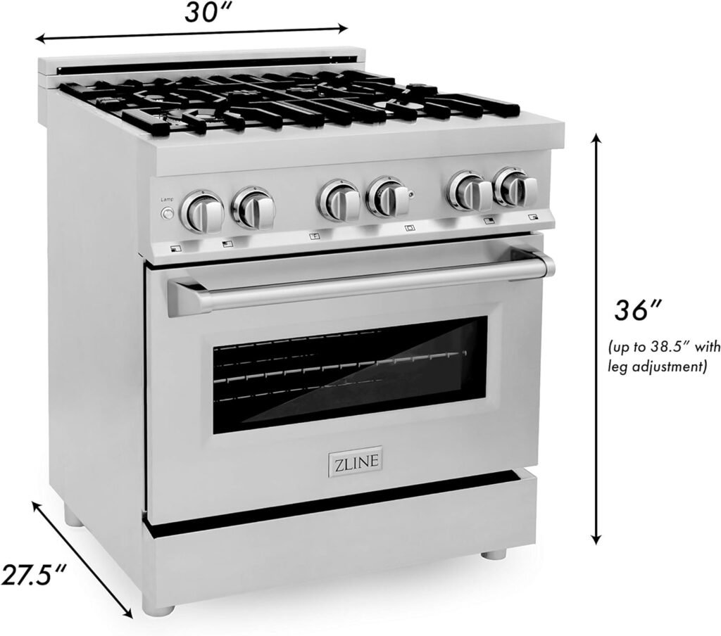 ZLINE 30 Inch 4.0 Cubic Foot Stainless Steel Dual Fuel Range with 4 Burner Porcelain Cooktop, Gas Stove, Cast Iron Grill, and Electric Convection Oven