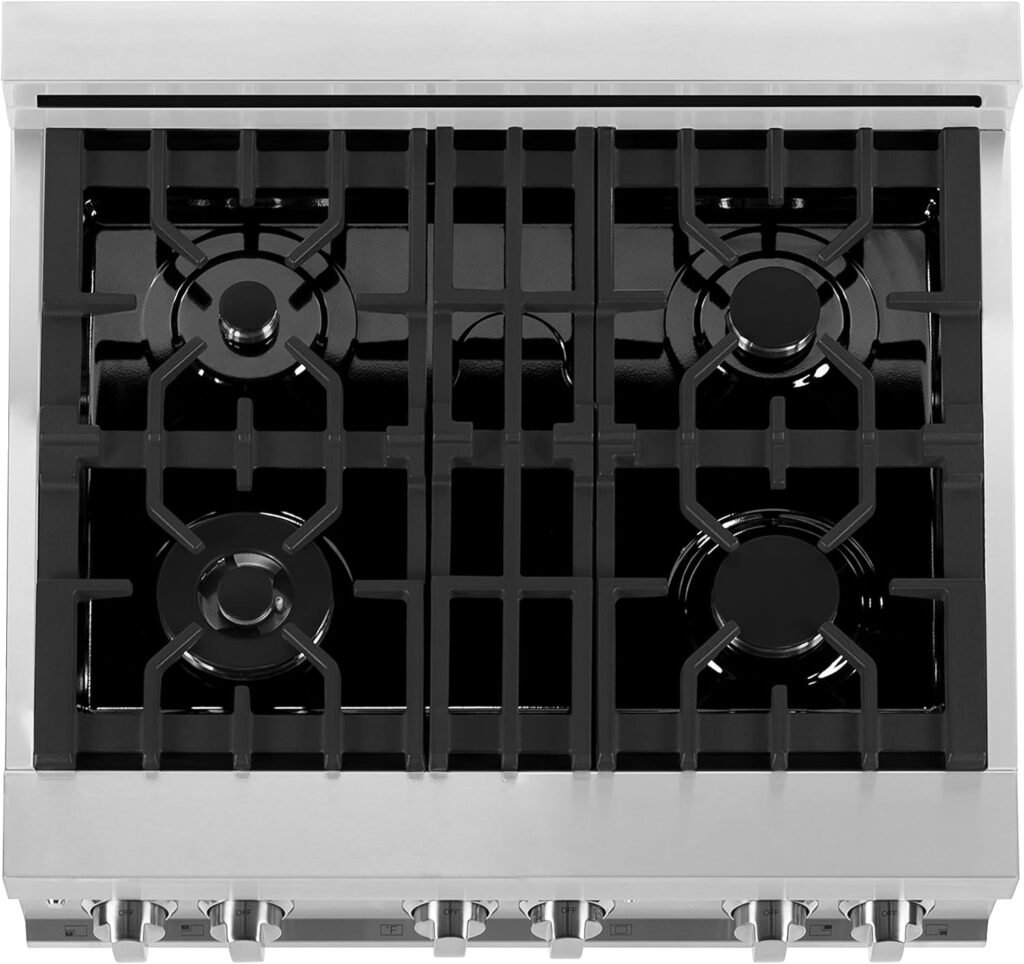 ZLINE 30 Inch 4.0 Cubic Foot Stainless Steel Dual Fuel Range with 4 Burner Porcelain Cooktop, Gas Stove, Cast Iron Grill, and Electric Convection Oven