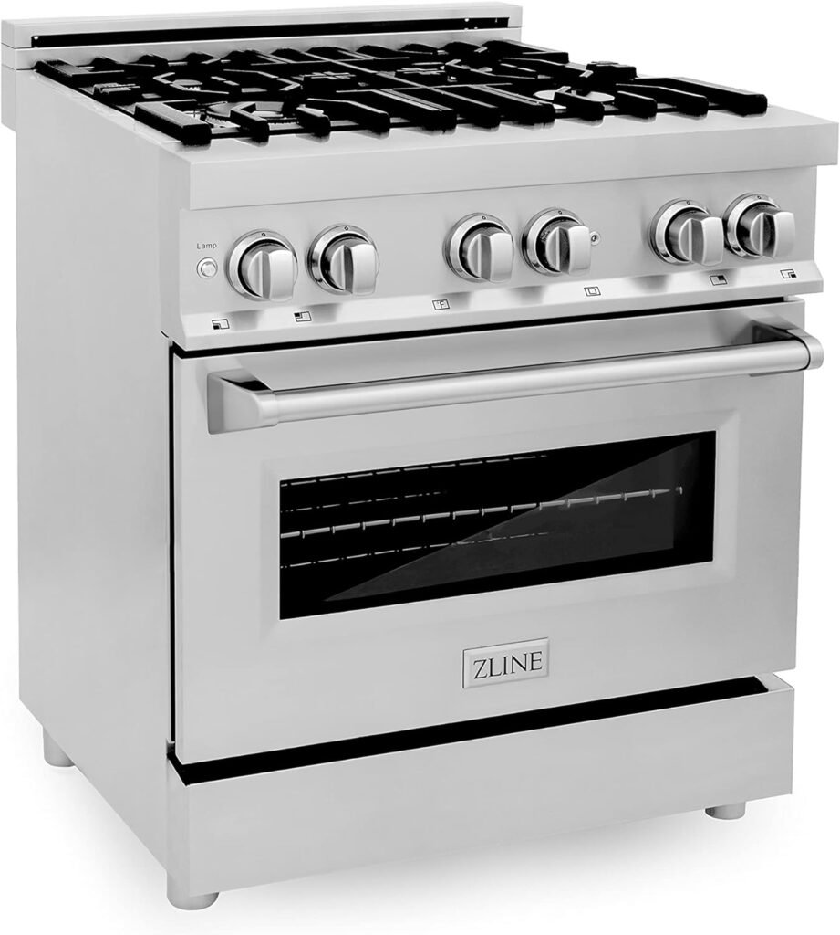 ZLINE 30 Inch 4.0 Cubic Foot Stainless Steel Dual Fuel Range with 4 Burner Porcelain Cooktop, Gas Stove, Cast Iron Grill, and Electric Convection Oven