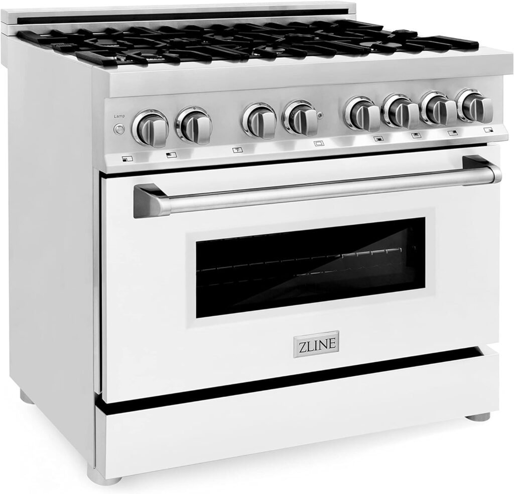 ZLINE 36 4.6 cu. ft. Dual Fuel Range with Gas Stove and Electric Oven in Stainless Steel and White Matte Door (RA-WM-36)