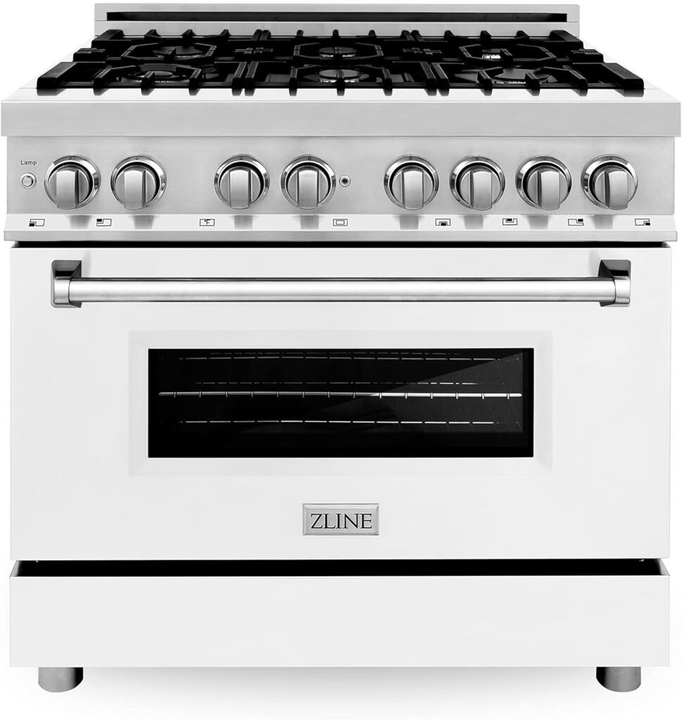 ZLINE 36 4.6 cu. ft. Dual Fuel Range with Gas Stove and Electric Oven in Stainless Steel and White Matte Door (RA-WM-36)