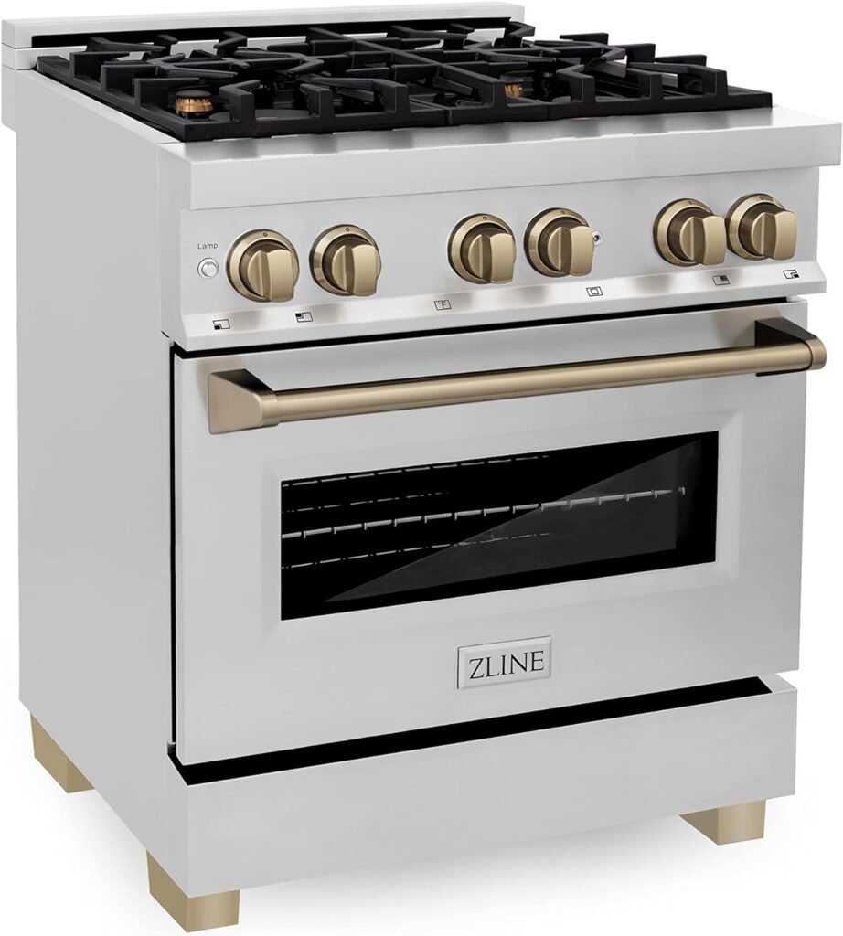 ZLINE Autograph Edition 30 4.0 cu. ft. Dual Fuel Range with Gas Stove and Electric Oven in Stainless Steel with Champagne Bronze Accents (RAZ-30-CB)