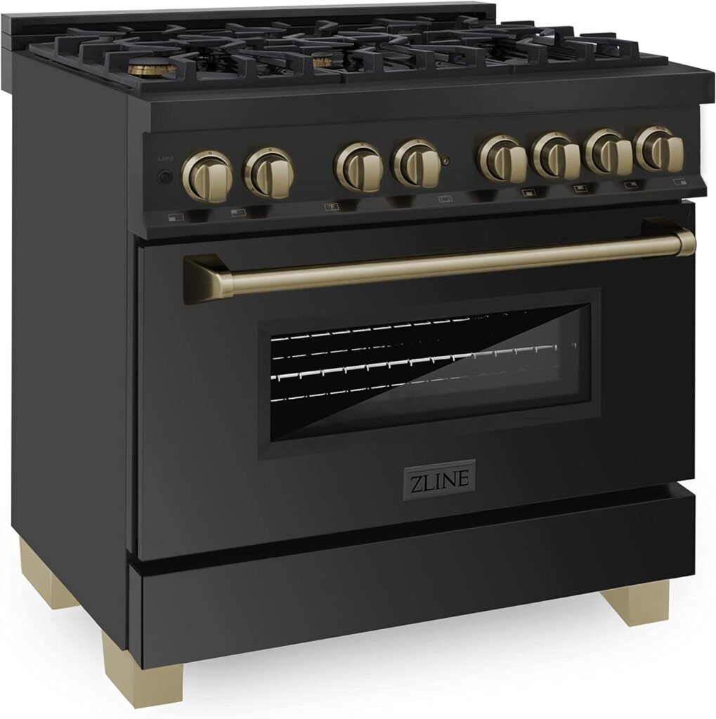 ZLINE Autograph Edition 36 4.6 cu. ft. Dual Fuel Range with Gas Stove and Electric Oven in Black Stainless Steel with Champagne Bronze Accents (RABZ-36-CB)