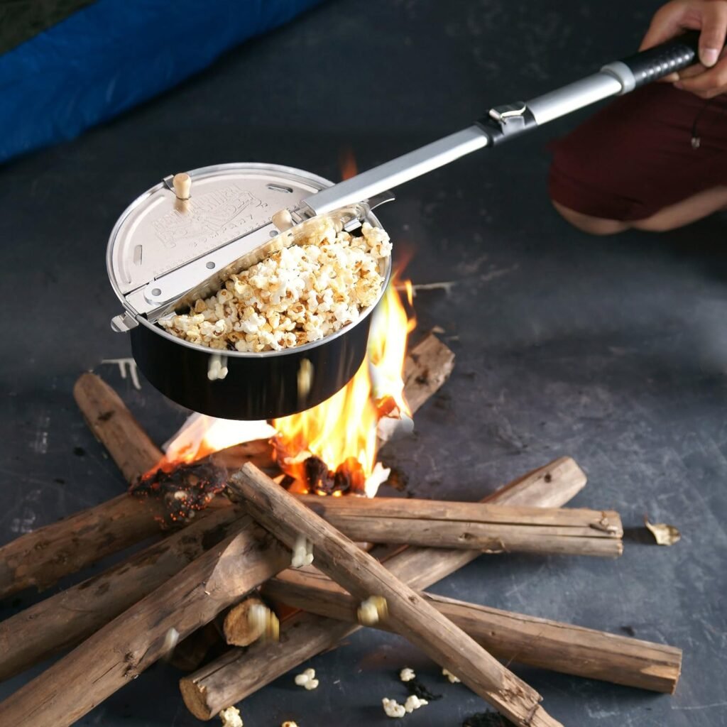 Campfire Popcorn Popper - Old Fashioned Popcorn Maker with Telescoping Handle - Camping Gear by Great Northern Popcorn (Black)